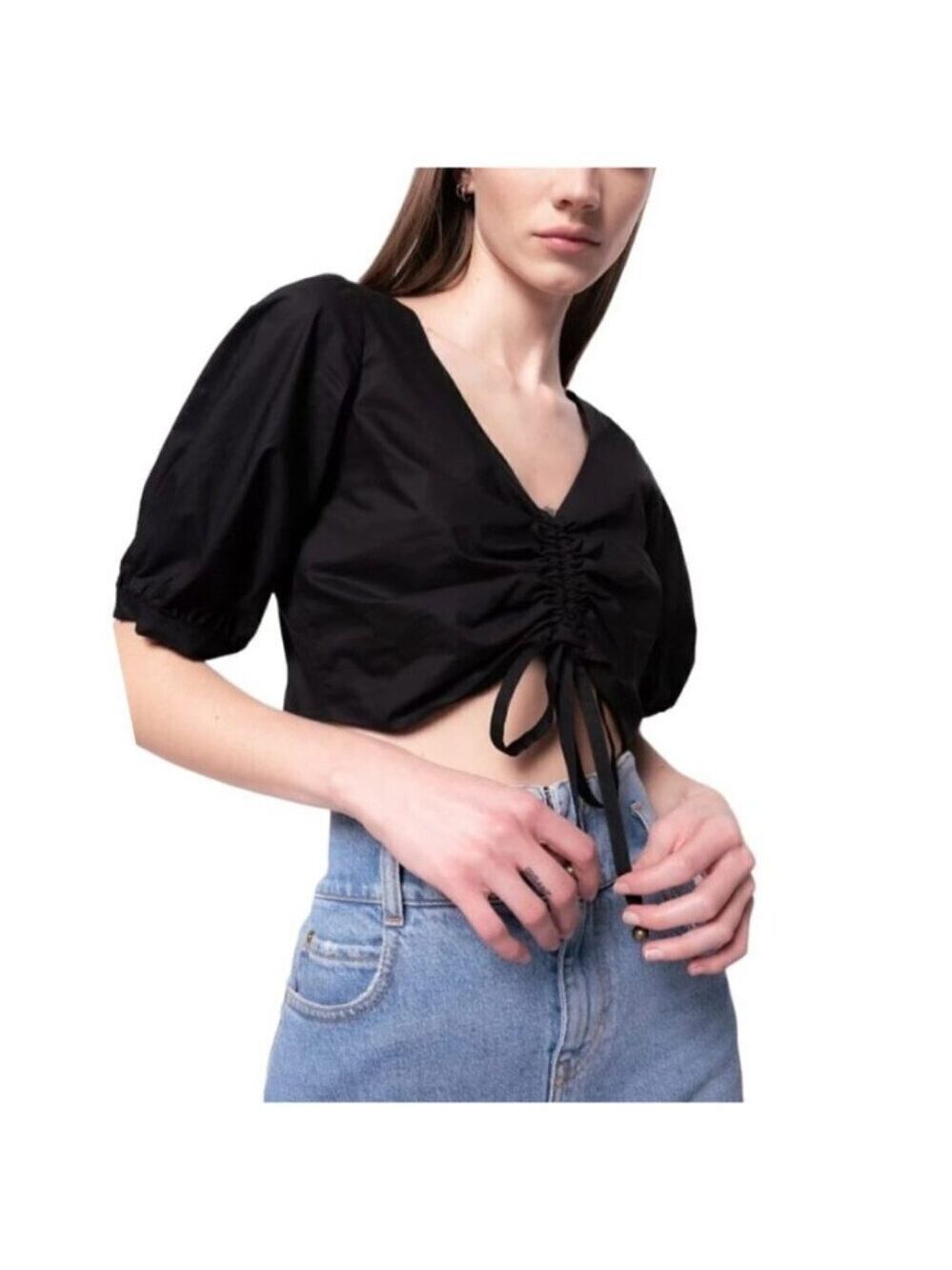 PINKO | Venezia Puff Sleeve Crop Top In Black - Picture 12 of 13